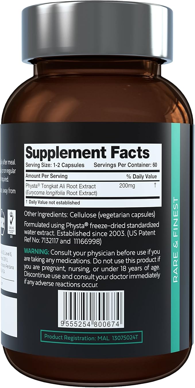 Pure Tongkat Ali Longjack 200:1 Highly Concentrated 1.5% Eurycomanone US Patented Physta® Freeze-Dried Extraction Technology Supports Strength, Energy and Performance (60 Count)