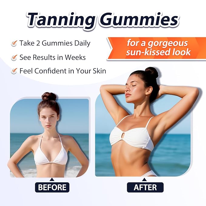 Tanning Gummies - Self Tan Bronzing Supplement that Work Without Sun - No Sugar Vegan with Astaxanthin Lycopene Beta Carotene and Vitamins-60 Count