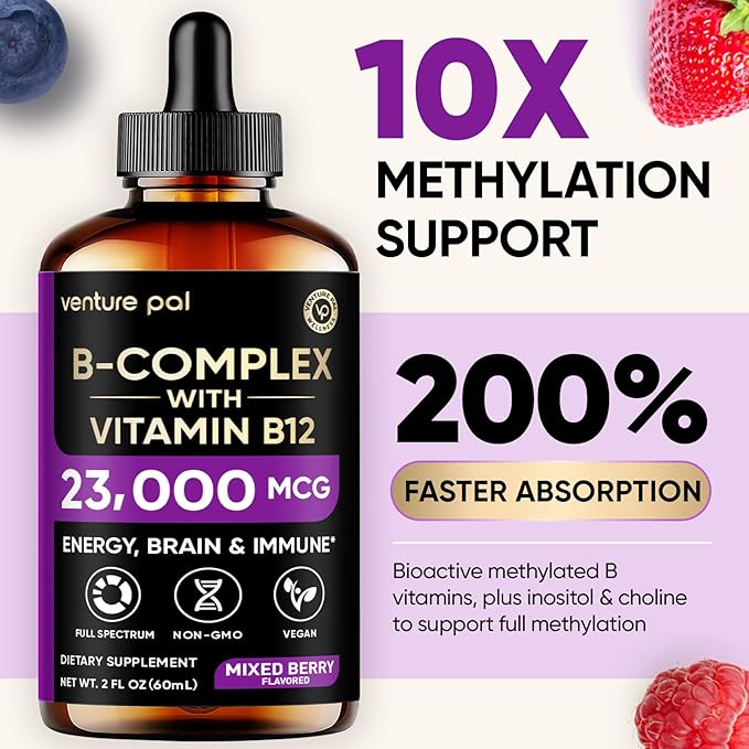 Venture Pal 11-in-1 Vitamin B Complex Liquid Drops, B12 Methylcobalamin | B9 Folic | B1,B2,B3,B5,B6,B7 - Vitamin C, Choline, Inositol, Immune & Energy Metabolism, Brain & Heart Support