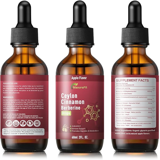 2 Pack Ceylon Cinnamon Berberine Bitter Liquid Drops Supplement with Turmeric,Green Tea,Apple Cider Vinegar,Black Seed Oil 4 FL OZ