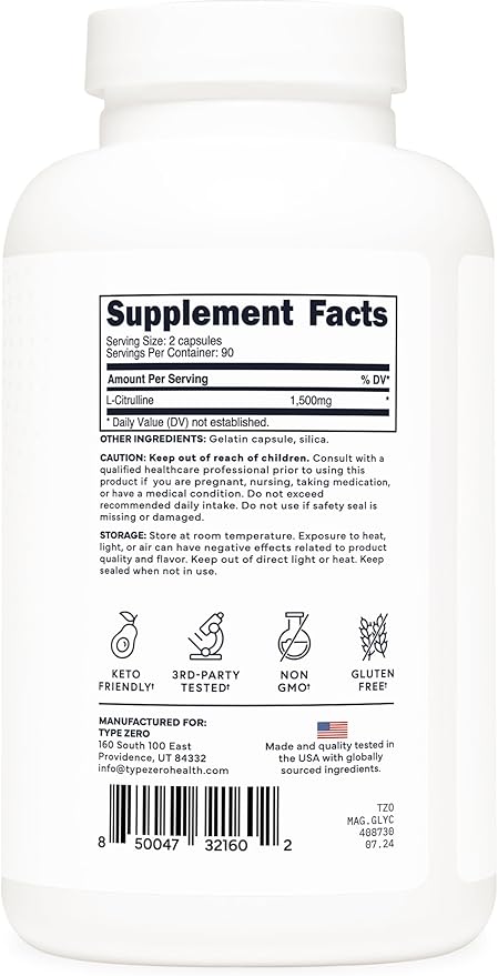 Type Zero L-Citrulline Capsules (180 Capsules) (1500 mg per Serving) - GMO-Free