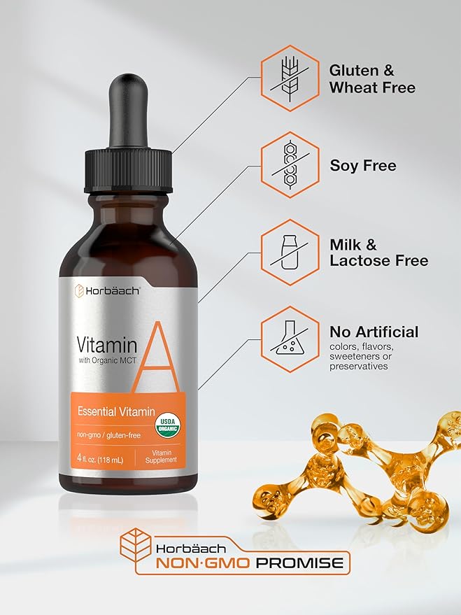 Horbäach Vitamin A Liquid | 4 fl oz | Supplement with Organic Fractionated Coconut Oil | Non-GMO, Gluten Free
