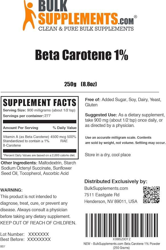 BulkSupplements.com Beta Carotene Powder - Vitamin A Supplements, Beta Carotene Supplements - for Vision & Eye Support, Gluten Free, 900mg per Serving, 250g (8.8 oz) (Pack of 1)