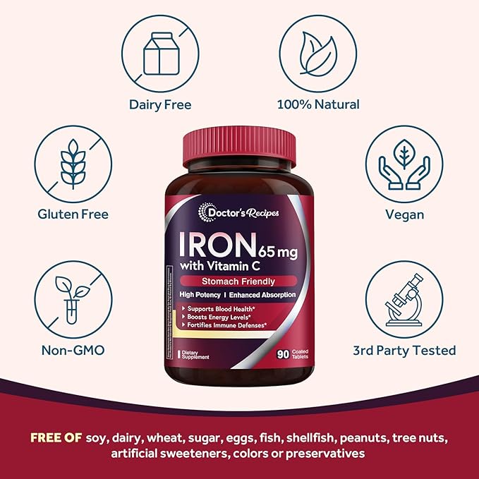 Doctor's Recipes Iron Supplement 65 mg with Vitamin C - Maximized Absorption & Stomach Friendly Iron Pills for Red Blood Cells Formation, Heart, Brain & Immunity Health - Vegan Non-GMO 90 Iron Tablets