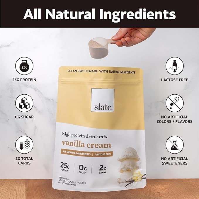 Slate Milk -High Protein Drink Mix Powder -Vanilla Cream,28 Servings Bag - Lactose Free,25g Protein,0g Sugar,105 Calories,2g Carbs,All Natural Ingredients - Breakfast Boost - Post Workout -1.85 lbs