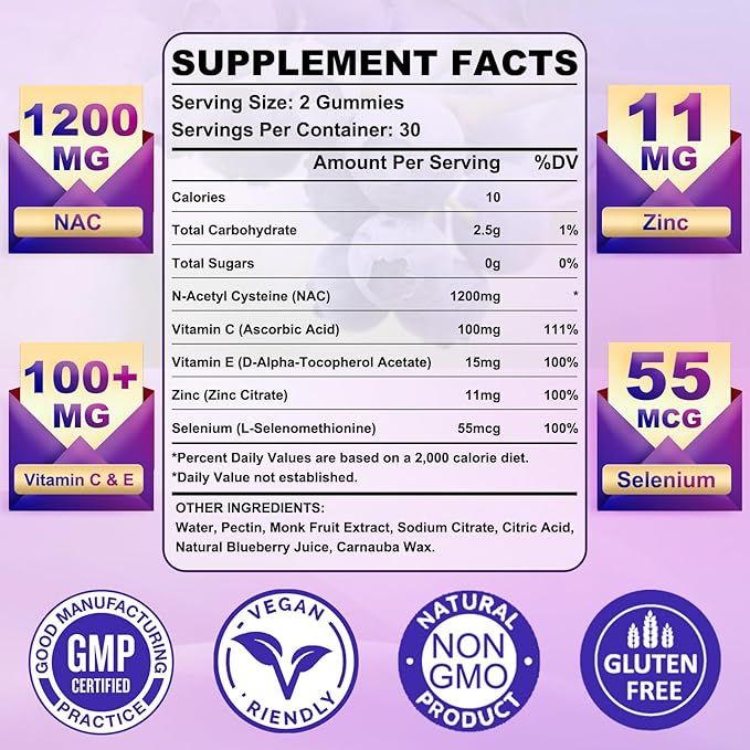 Sugar Free NAC Gummies for Kids & Adults, 1200mg NAC Supplement N Acetyl Cysteine with Selenium Zinc Vitamin C & E, NAC 600mg Per Gummy, Support Liver Health, Antioxidant, Immune System, 60 Count