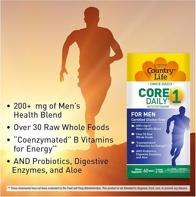 Country Life Core Daily-1 for Men - Multivitamin with Probiotics, Saw Palmetto, Pumpkin Seed Extract, and Coenzymated B Vitamins - Gluten-Free and Vegetarian - 60 Tablets