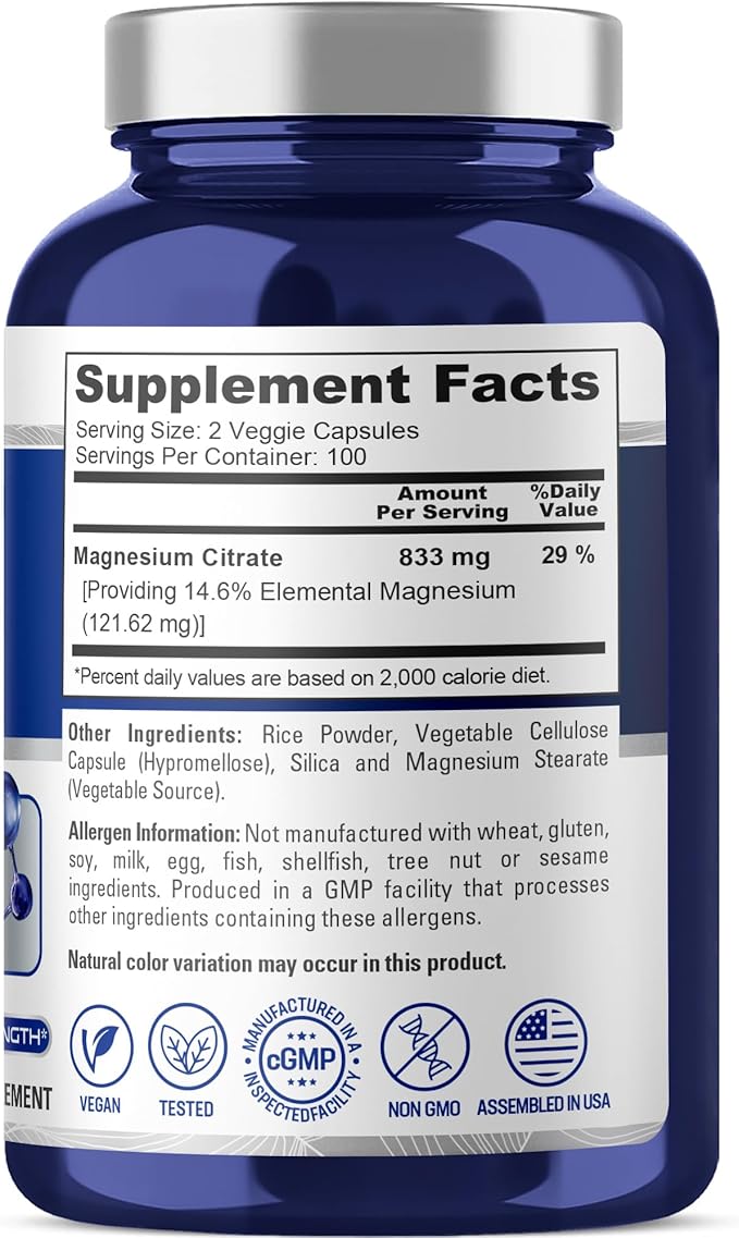 NusaPure Magnesium Citrate 833mg - 200 Veggie Capsules (Vegetarian, Non-GMO, Vegan)