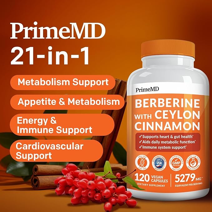 21-in-1 Berberine Supplement with Ceylon Cinnamon with Chromium, Bitter Melon and Green Tea Extract and Black Pepper Extract 5X for Energy & Metabolism Support with 5279 mg (120 ct, Pack of 1)