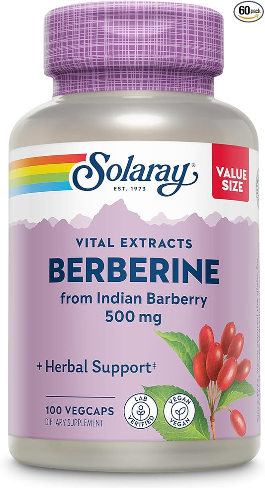 SOLARAY Berberine 500mg - Berberine Supplement for a Healthy, Active Lifestyle - with Berberine HCl from Indian Barberry - Vegan, Non-GMO, 60-Day Guarantee, Lab Verified - 100 Servings, 100 VegCaps