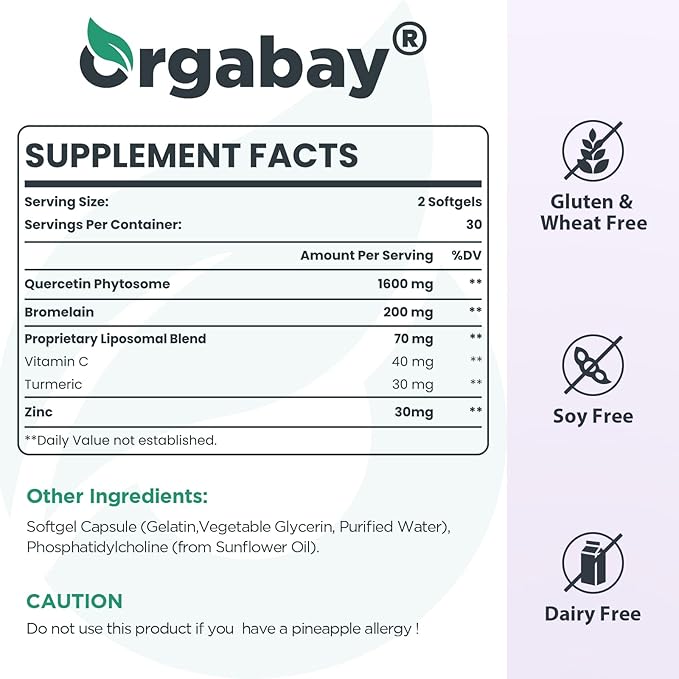 Orgabay Liposomal Quercetin Phytosome 1600 mg,Bromelain 200mg,Zinc 30mg,Vitamin C Turmeric 40 mg,Highest Absorption,Quercetin Complex, 120 Softgels