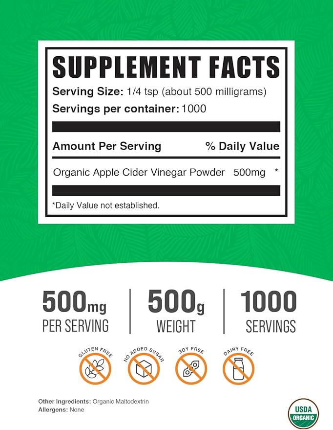 BulkSupplements.com Organic Apple Cider Vinegar Powder - Apple Cider Vinegar Supplement, ACV for Digestive Support - Vegan & Gluten Free, 500mg per Serving, 500g (1.1 lbs) (Pack of 1)