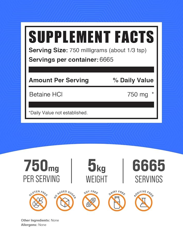 BulkSupplements.com Betaine HCl Powder - Betaine Hydrochloride Supplement, Betaine Powder - Betaine 750mg, Digestive Health Support - Gluten Free, 750mg per Serving, 5kg (11 lbs)
