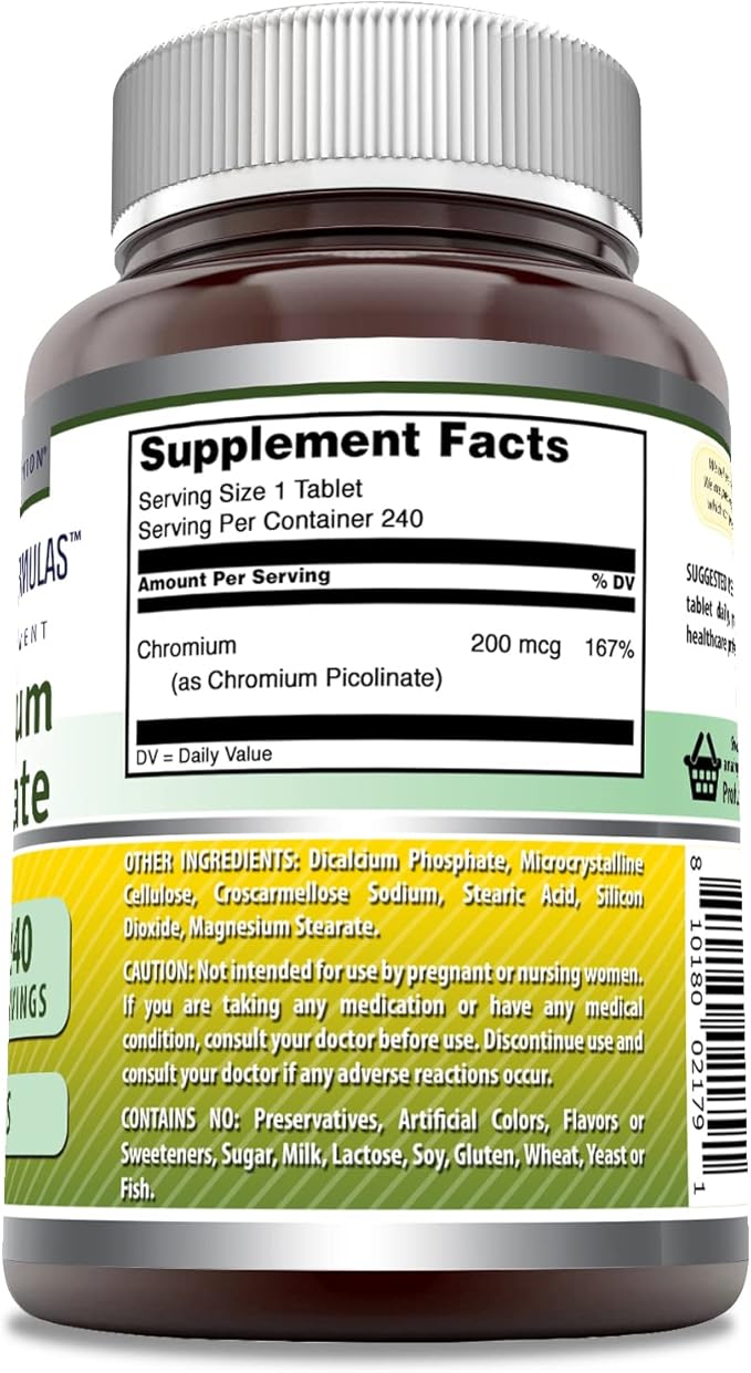 Amazing Formulas Chromium Picolinate Supplement | 200 Mcg Per Serving | Tablets | Non-GMO | Gluten Free | Made in USA (240 Count)