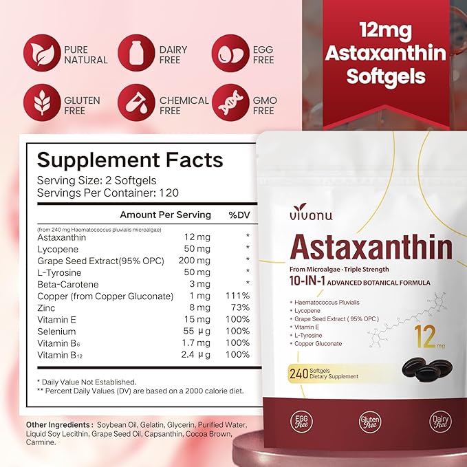 Astaxanthin 12mg, 720 Softgels, Fresh Haematococcus Pluvialis 10 in 1 Astaxanthin Antioxidant Supplements, Contains Lycopene, Grape Seed, Vitamin E, Supports Eye Joints Skin Health, 3Bag