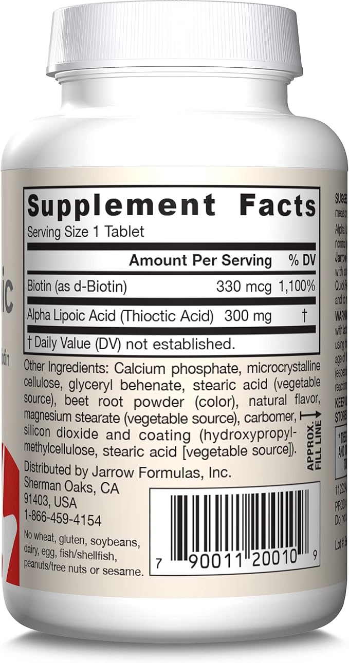 Jarrow Formulas Alpha Lipoic Sustain with Biotin, 300 mg Alpha Lipoic Acid, Universal Antioxidant, Dietary Supplement, 60 Vegan Tablets, Up to a 60 Day Supply