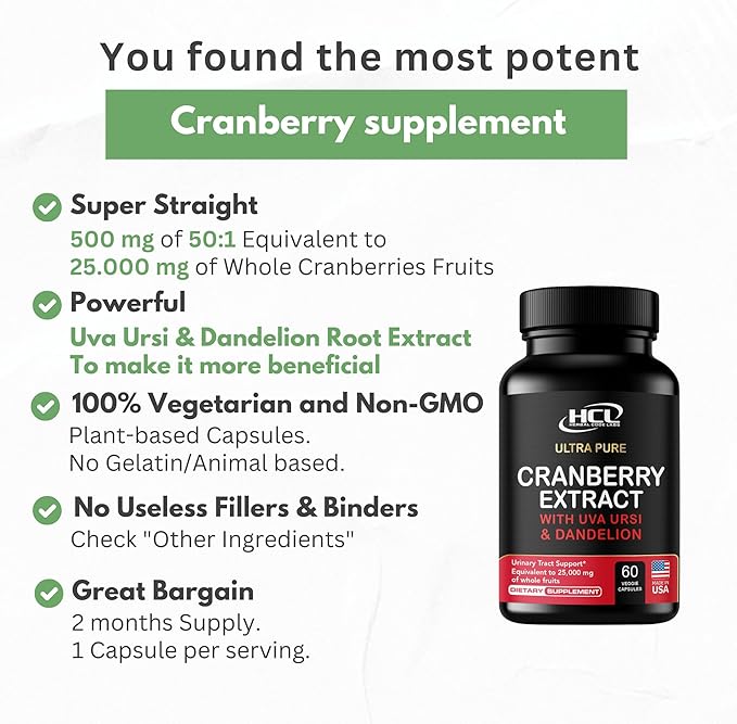Cranberry Extract Pills - Super Strength 50:1 Whole Fruit Concentrate Equals to 25,000mg of Fresh Cranberries Plus Dandelion & Uva Ursi - Natural UTI Support - Kidney Cleanse & Urinary Tract Health