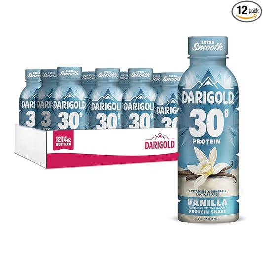 Darigold Ready to Drink Vanilla Protein Shake, 30g Protein, No Added Sugar, Lactose Free, Only 160 Calories. Electrolytes, Gluten Free - 14oz bottles 12 pack
