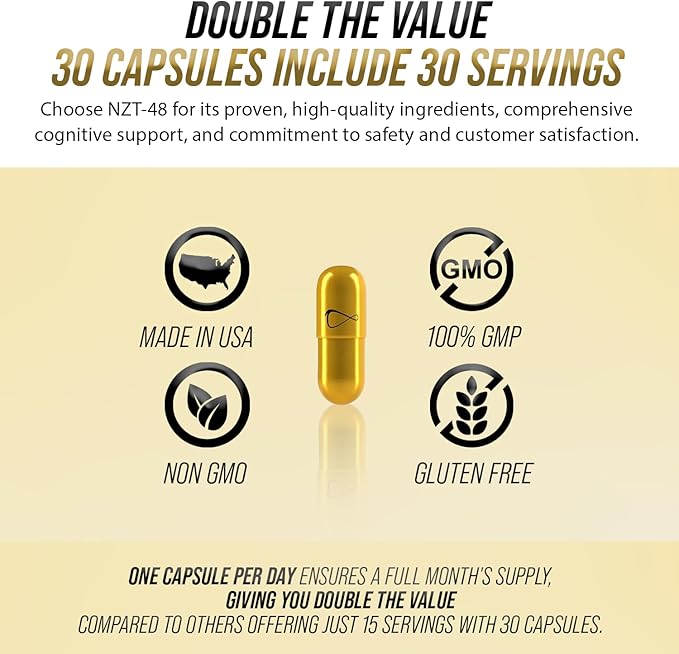 NZT-48 Brain Booster | Nootropic Brain Supplements for Memory and Focus | Premium Natural Energy Supplement with Caffeine, Phosphatidylserine, Vitamins B6 & B12, Ashwagandha | 60 Servings