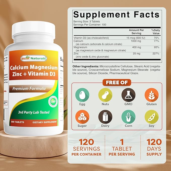 Best Naturals Calcium Magnesium Zinc with Vitamin D3, 300 Tablets - Calcium 1000 mg, Magnesium 400 mg, Zinc 25 mg & D3 600 IU per Serving (3 Tablets)