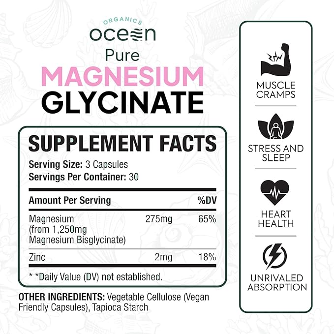 Pure Magnesium Glycinate with Zinc - Maximum Strength Chelated Magnesium Supplement for Women and Men for Muscle Cramps and Sleep Support - 3 Bottles
