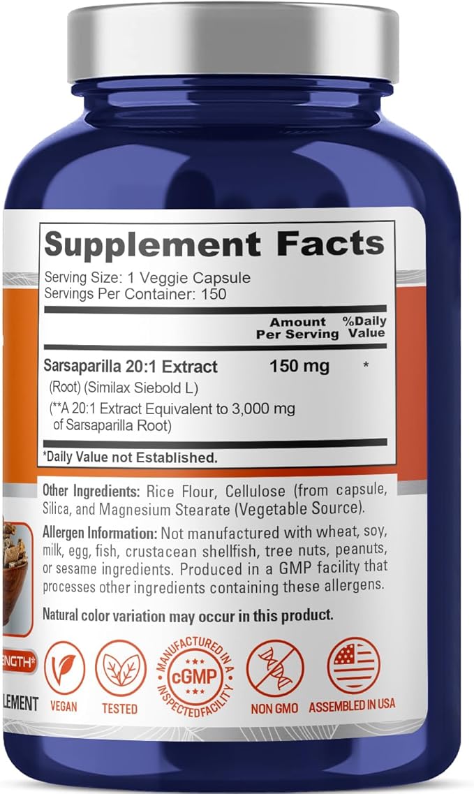 NusaPure Sarsaparilla Root 20:1 Extract, 150 mg Equivalent to 3,000mg | 150 Veggie Caps | Non-GMO