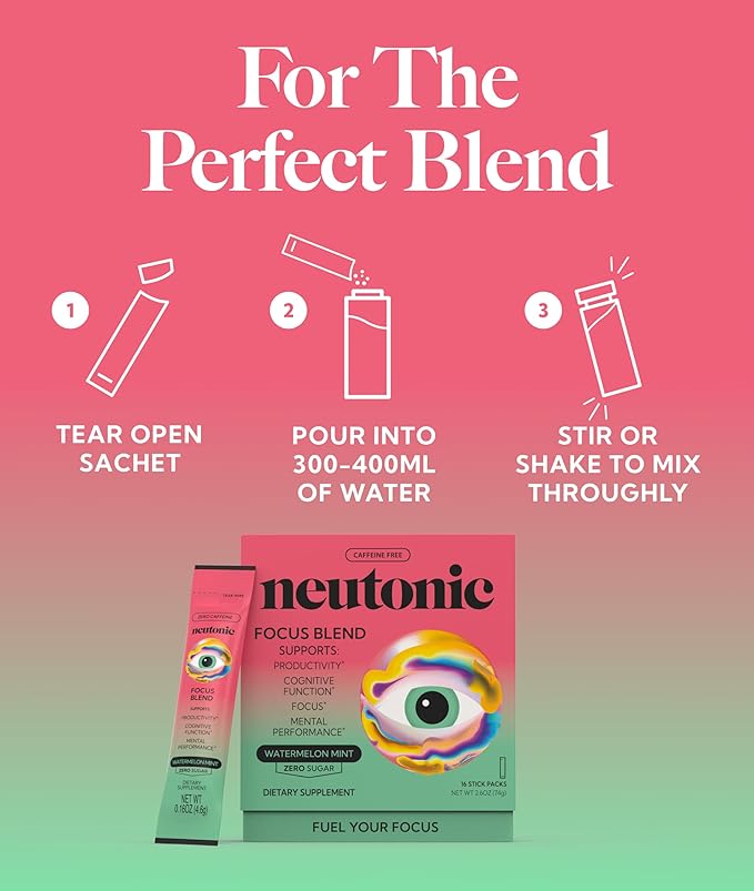 Neutonic Nootropic Focus Blend Powder | Watermelon Mint 16 Sticks | Caffeine Free, Zero Sugar | Support Memory, Mental Clarity, Cognitive Function | Boost Focus, Energy, Brain Health