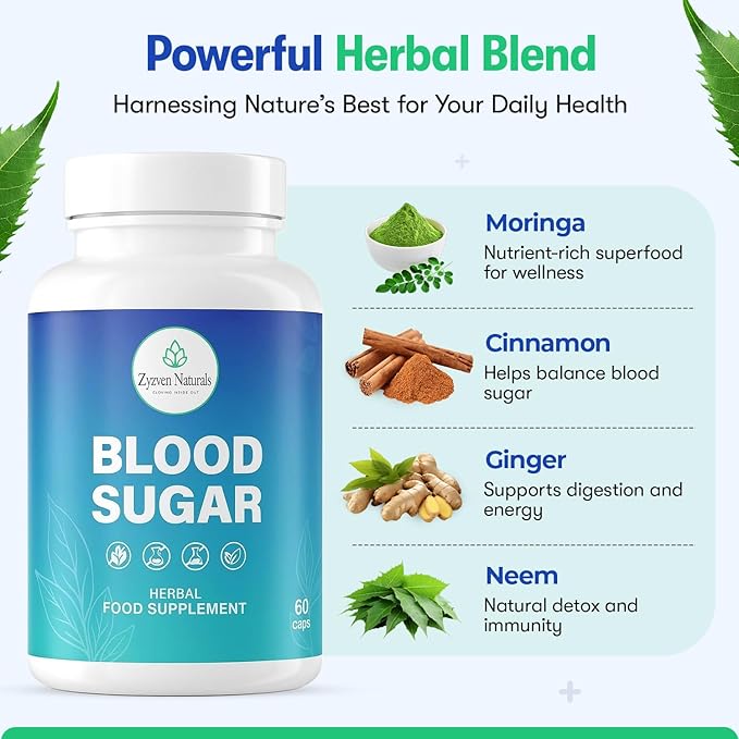 Blood Sugar Support Supplement – 60 Vegan Capsules | Herbal Supplement with Moringa, Cinnamon, Ginger, Neem & Fenugreek | Plant-Based Wellness Supplement - Serving: 2 Capsules/Day