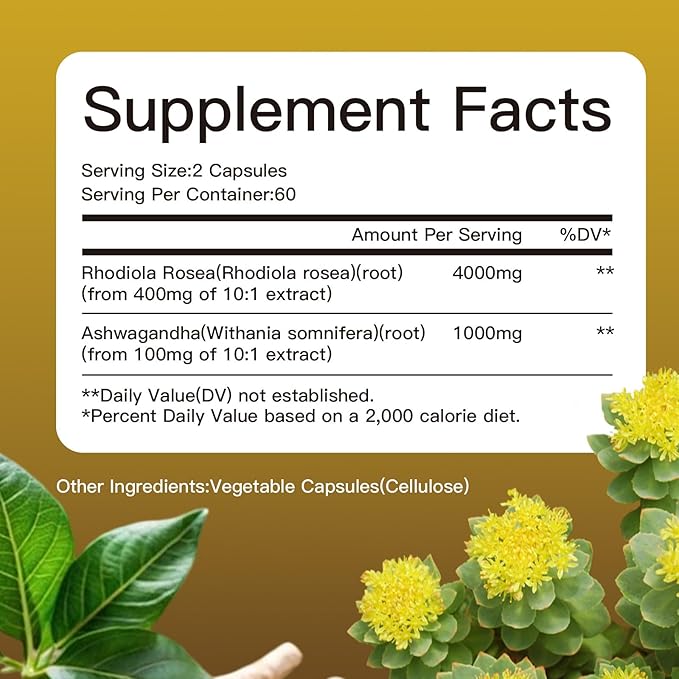 4000MG Rhodiola Rosea with Ashwagandha,Organic Rhodiola Rosea Supplement,Natural Adaptogen for Clarity & Vitality, 120 Capsules