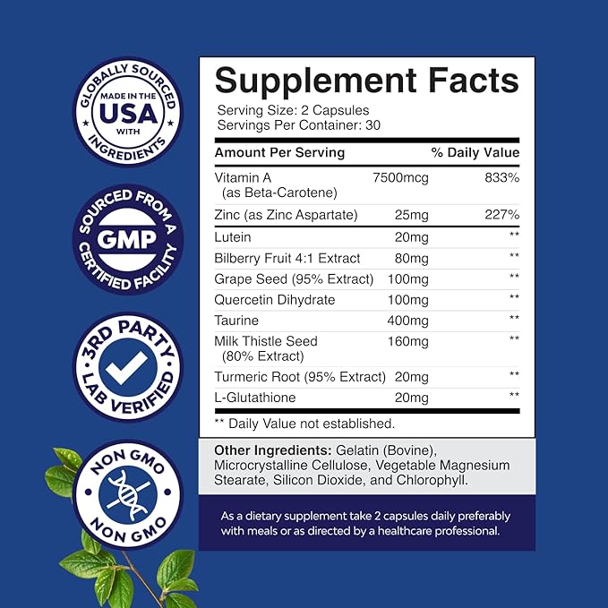 Complete Eye Health Supplement for Adults - Lutein 20mg Per Serving Eye Vitamins for Vision Dry Eyes Pressure and Blue Light Protection - Supplement Adults with Beta Carotene Eyes