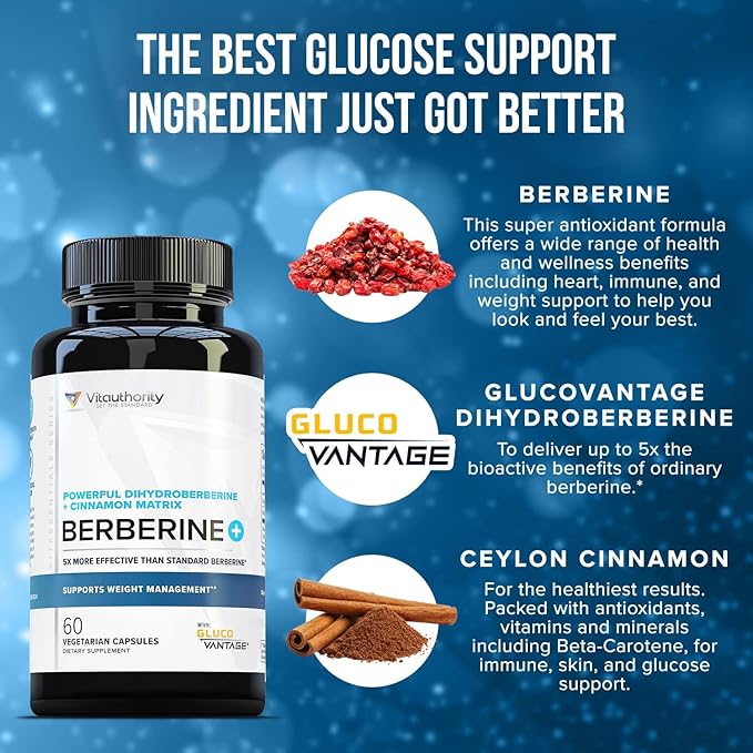 Vitauthority Berberine with Ceylon Cinnamon Supplements | High Absorption Dihydroberberine for Balance and Support | Vegan Powerful AMPk Activator & Antioxidant | 30 Servings
