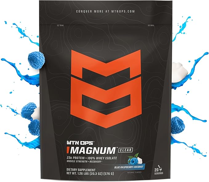 MTN OPS Magnum Clear Protein Powder – 23g 100% Whey Protein Isolate per Serving, Low Carb (<1g), Quick-Digesting, Gluten-Free, Low Lactose, Refreshing Blue Raspberry Coconut, 20 Servings