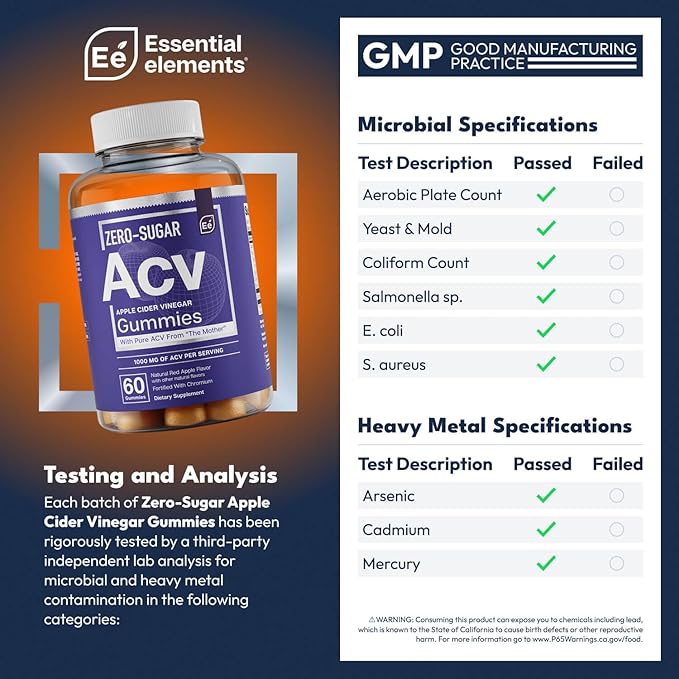 Essential Elements Zero-Sugar ACV Apple Cider Vinegar Gummies from “The Mother” - Naturally-Sourced, Vegan ACV Gummies with Chromium 60 Count (2-Pack)