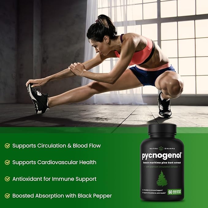NutraChamps Pycnogenol French Maritime Pine Bark Extract, Premium Circulation Complex, Blood Flow, Nitric Oxide Production, Superior Absorption, Results with Black Pepper Extract, 60 Capsules
