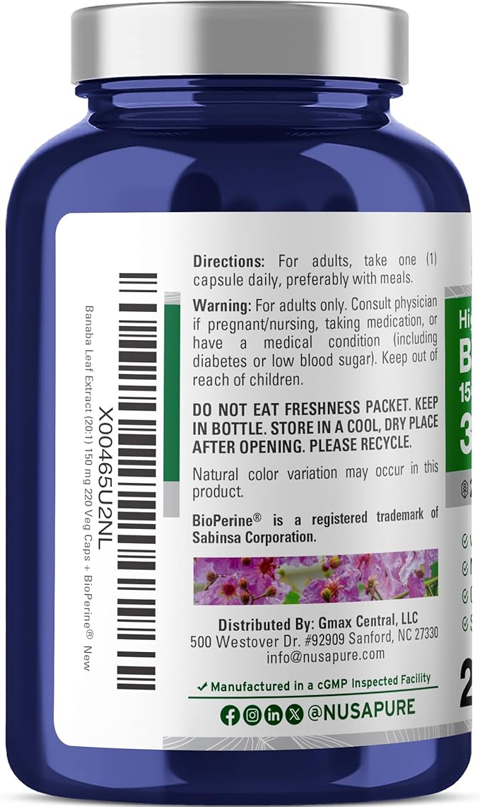 NusaPure Banaba Leaf 20:1 Extract, 150 mg Equivalent to 3,000mg Veg Caps, 220 Days Supply (Non-GMO & Vegan) 2% Corosolic Acid