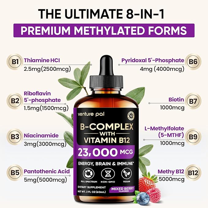 Venture Pal 11-in-1 Vitamin B Complex Liquid Drops, B12 Methylcobalamin | B9 Folic | B1,B2,B3,B5,B6,B7 - Vitamin C, Choline, Inositol, Immune & Energy Metabolism, Brain & Heart Support