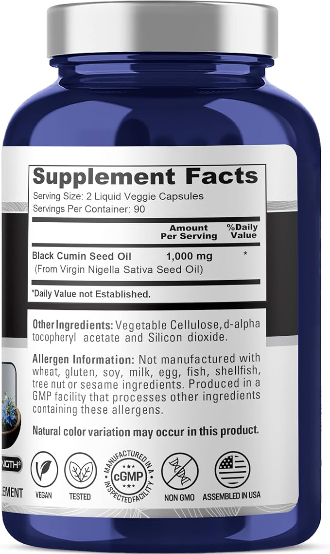 NusaPure Black Seed Oil 1,000 mg per Serving 180 Softgel Capsules (Non-GMO, Vegetarian) Cold-Pressed Virgin Nigella Sativa. Hexane Free