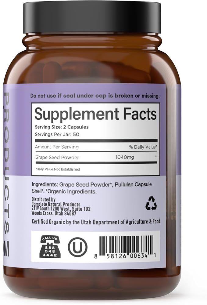 Complete Natural Products Organic Grape Seed Capsules, Support, 520mg Supplement 100 Count
