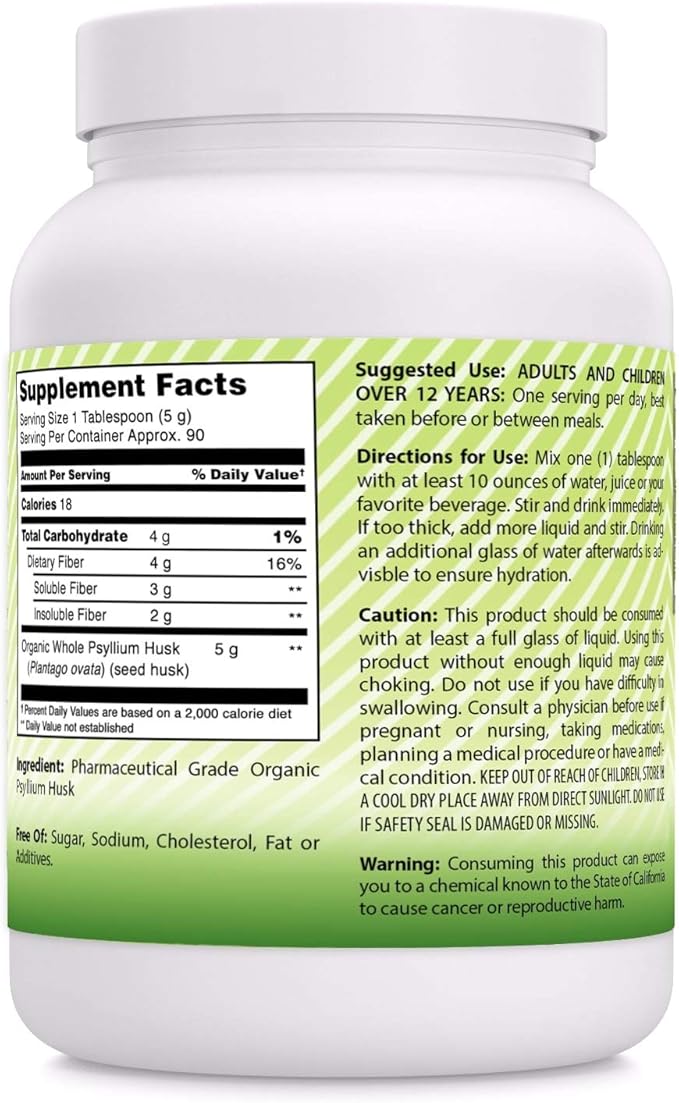 Amazing India USDA Certified Organic Whole Psyllium Husk Powder (Non-GMO) - Excellent Source of Soluble Fiber - Helps Promote Regularity - Promotes Intestinal Health (1 Lb)
