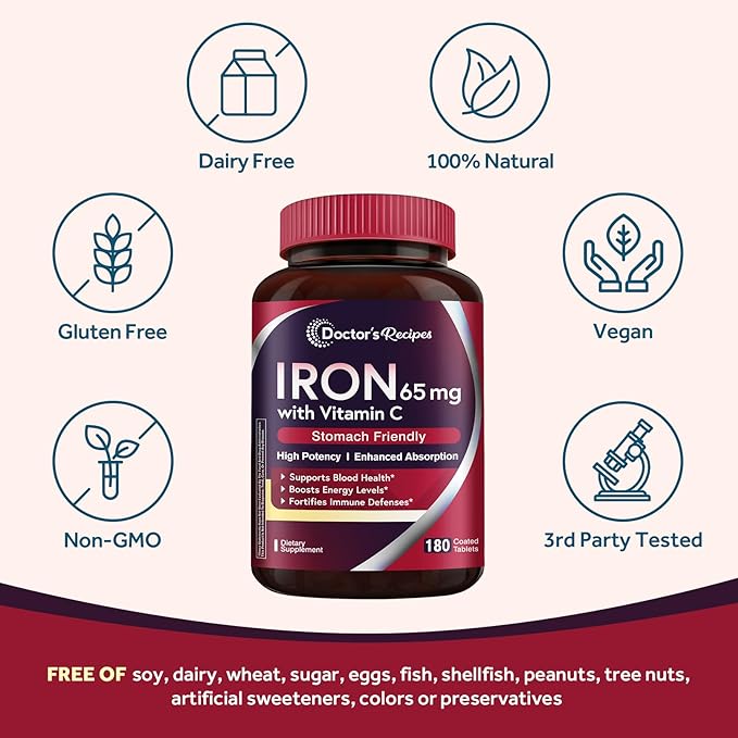Doctor's Recipes Iron Supplement 65 mg with Vitamin C - Maximized Absorption & Stomach Friendly Iron Pills for Red Blood Cells Formation, Heart, Brain & Immunity Health - Vegan Non-GMO 180 Iron Tabs