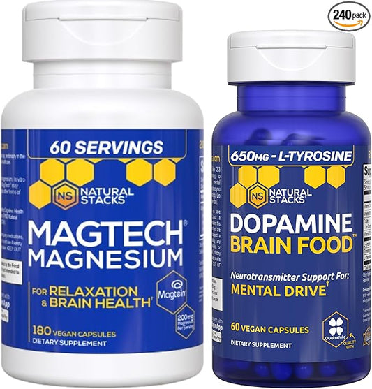 NATURAL STACKS Dopamine Brain Food + Magtech Magnesium Supplement Bundle - Supports Focus, Relaxation & Memory* - 240 Total Capsules
