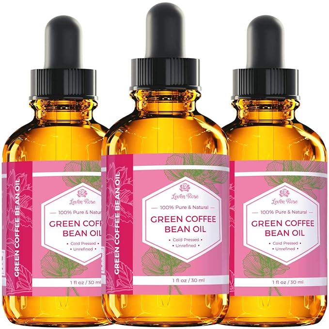 Leven Rose Green Coffee Bean Oil 100% Natural Pure Cold Pressed Unrefined Coffeebean Oil For Around Eyes, Face, Nails, Skin, And Hair- 1 oz Bottle (1 ounce)