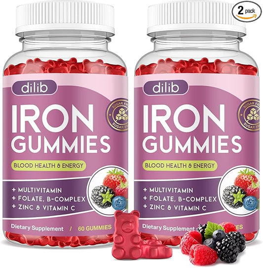 Iron Gummies with Multivitamin, Iron Supplement for Women & Men, Kids Multivitamin with Iron, Zinc, Vitamin B Complex & C, B12, Folate - Blood Builder, Energy Support, Peach Flavor, Vegan 120 Gummies