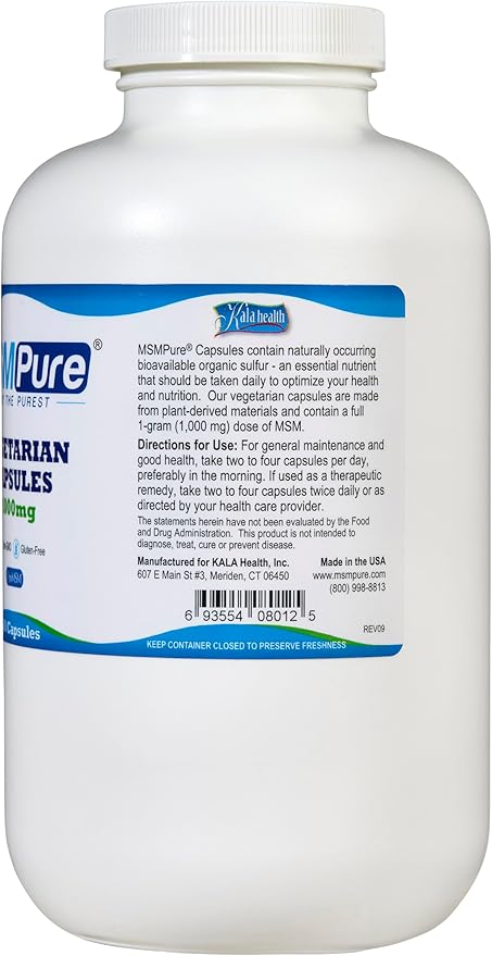 KALA HEALTH MSMPure MSM Vegetarian Capsules – 1,000 mg US-Made MSM per Capsule for Joint Health, Skin Appearance, Hair & Nail Support – 500 Count, Organic Sulfur