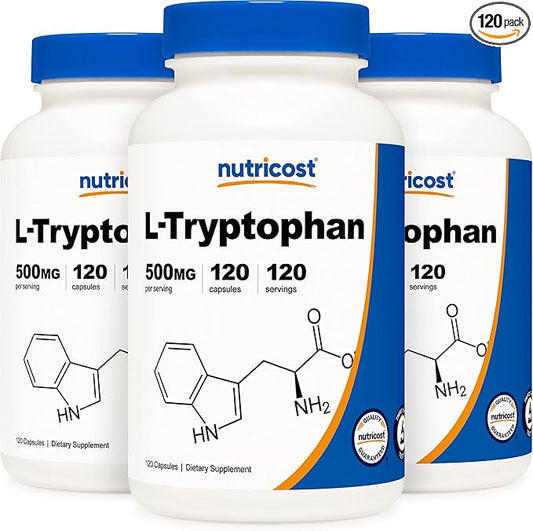 Nutricost L-Tryptophan 500mg, 120 Capsules (3 Bottles)