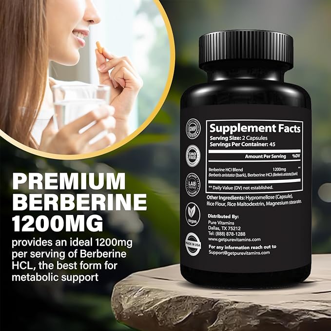 Ultra High Strength Berberine HCL 1200mg Supplements | 90 Vegan Capsules | Organic Berberine Supplement for Metabolic Support and Overall Health | Perfect for Men and Women - Made in USA