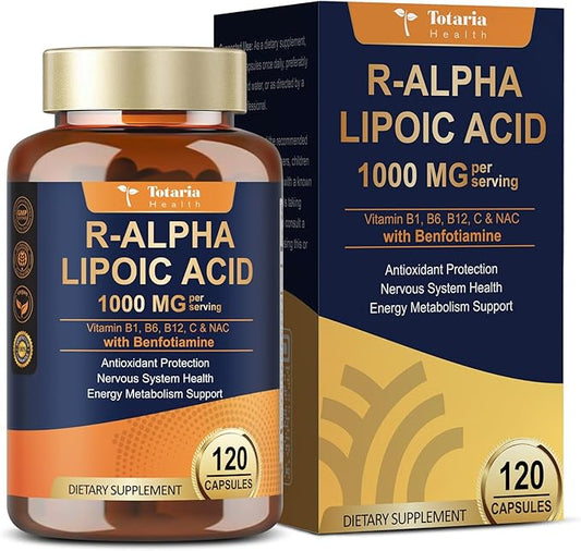 R Alpha Lipoic Acid 1000mg with Benfotiamine - Sodium ALA Supplement for Neuropathy Support Nerve Health & Antioxidant, Cell Energy, Metabolism and Anti-Aging, Non-GMO, Gluten Free, Vegan 120 Counts