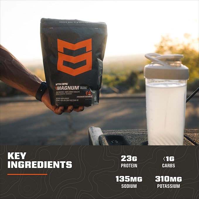 MTN OPS Magnum Clear Protein Powder – 23g 100% Whey Protein Isolate per Serving, Low Carb (<1g), Quick-Digesting, Gluten-Free, Low Lactose, Refreshing Blue Raspberry Coconut, 20 Servings