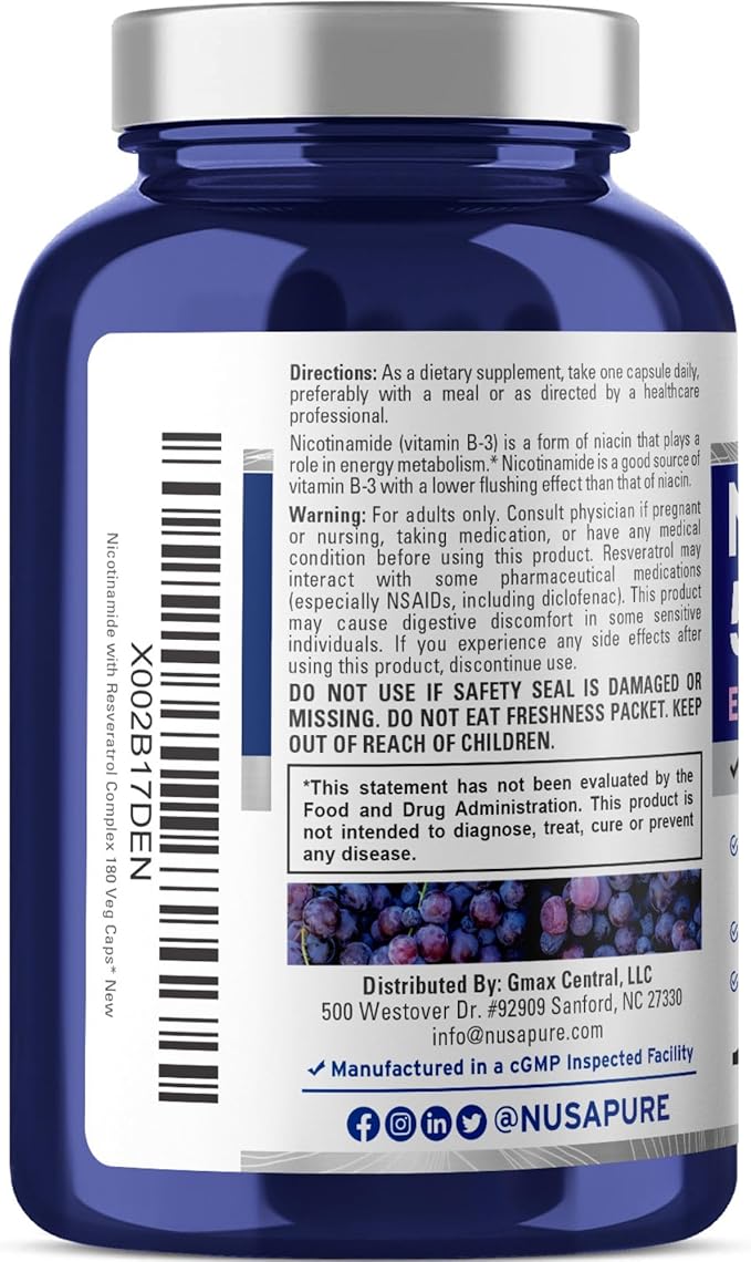 NusaPure Nicotinamide with Resveratrol (Vitamin B-3) 500 mg - 180 Vegetarian Caps (Non-GMO & Vegan)