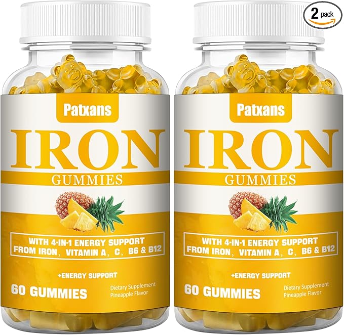 2 Packs 100MG Iron Supplement Gummies for Women & Men - with Vitamin A, C, B - Energy Support for Iron Deficiency, Anemia, Adults ＆ Children, Pineapple Flavor Gummy, 120ct.